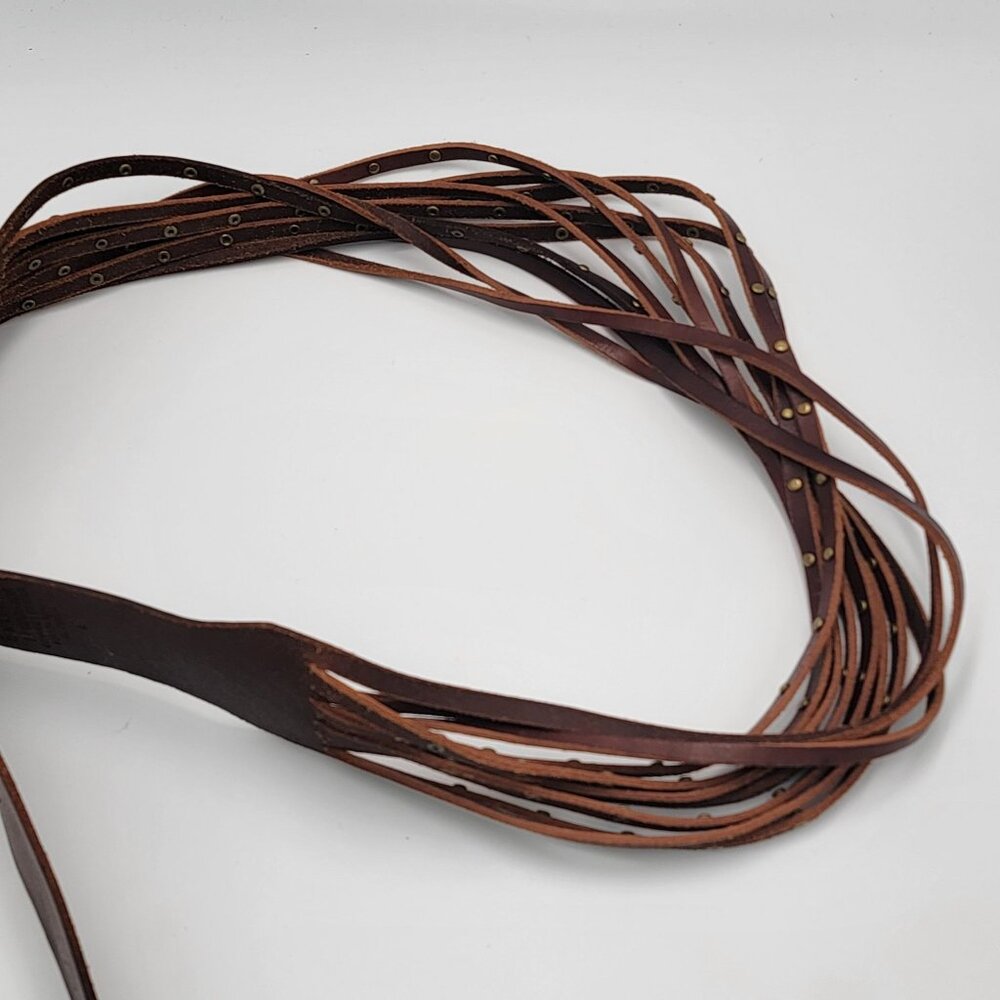 Linea Pelle Brown Boho Leather Multi-Strap Belt With Brass Rivet Accents Adjusta - Picture 6 of 12